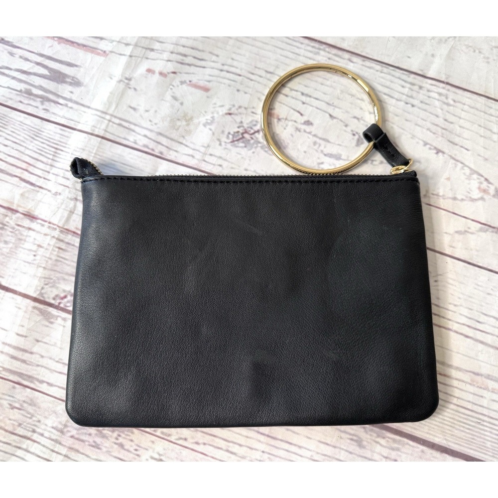 Thacker New York Genuine Leather Clutch Purse Black & Gold Wristlet Zip Closer - Picture 3 of 8